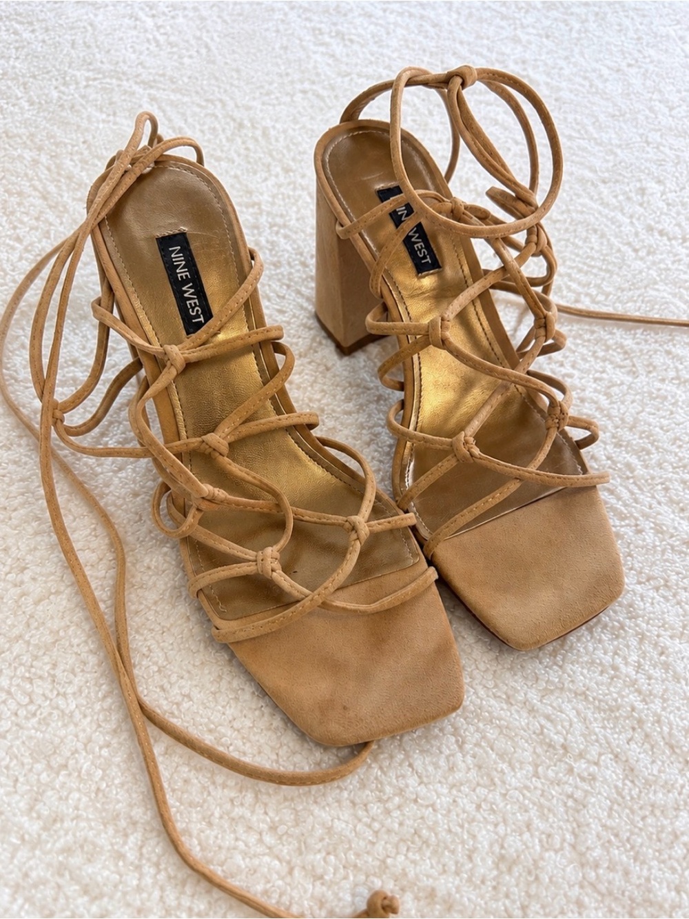 Nine West Tan Lace-Up Strappy Block Heel Sandals